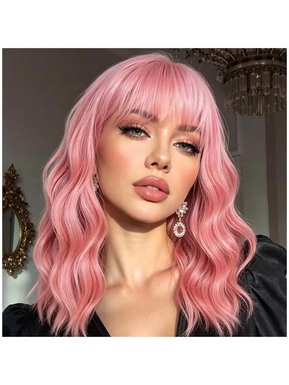 Women's Pink 14 Inch Heat Resistant Short Bangs Bob Modern Wavy Wigs